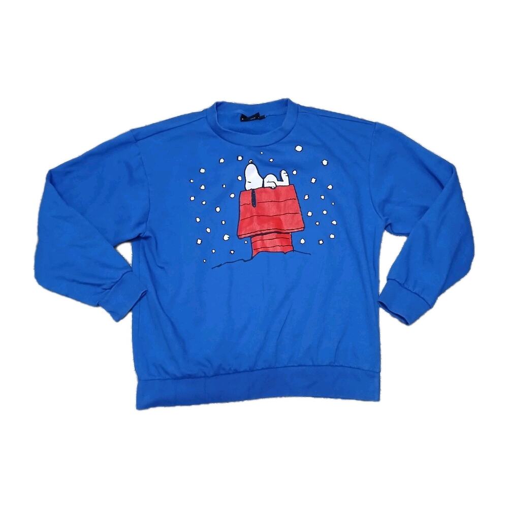 Peanuts Snoopy Snow Doghouse Sweatshirt Blue Crewneck Women’s L Winter Christmas